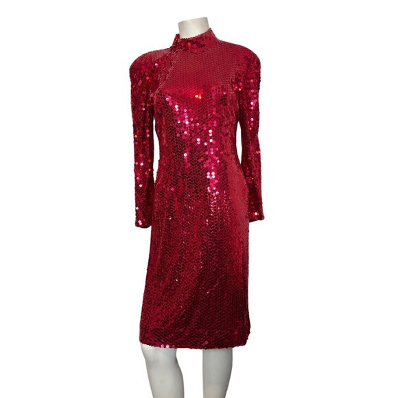Vintage OLEG CASSINI 12 Open Back True Red Sequin Dress 80s 90s Mob Wife Large - Picture 3 of 11
